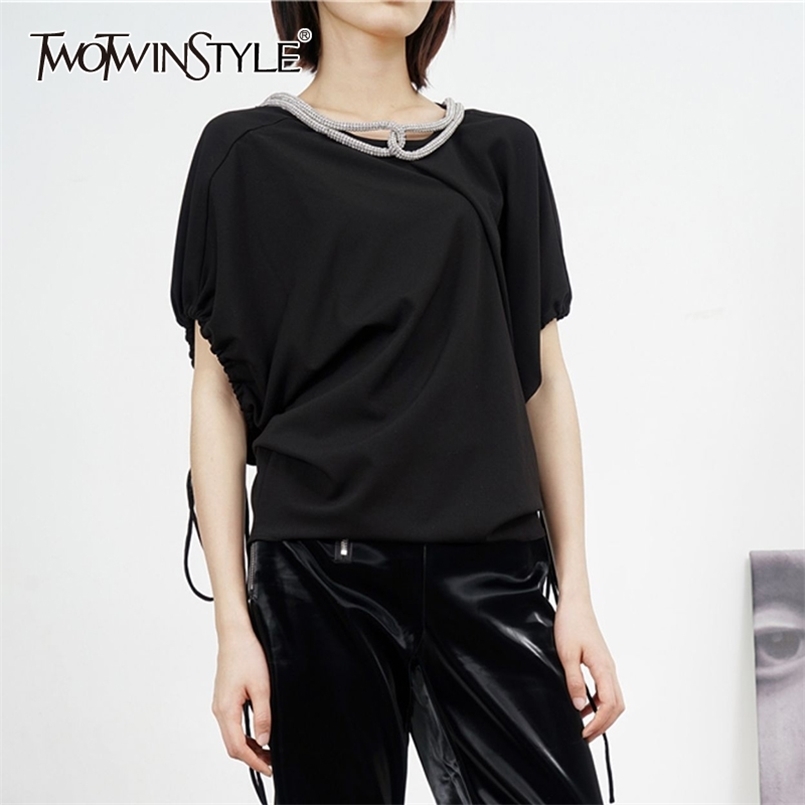 

Minimalist Drawstring Shirt For Women O Neck Batwing Sleeve Lace Up Patchwork Casual Loose Shirts Female Fashion 210524, Black