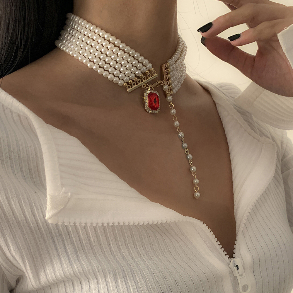 

Red square jewel pendant necklaces designer light luxury simple temperament imitation pearl clavicle chain handmade multi-layer beaded necklace jewelry gift