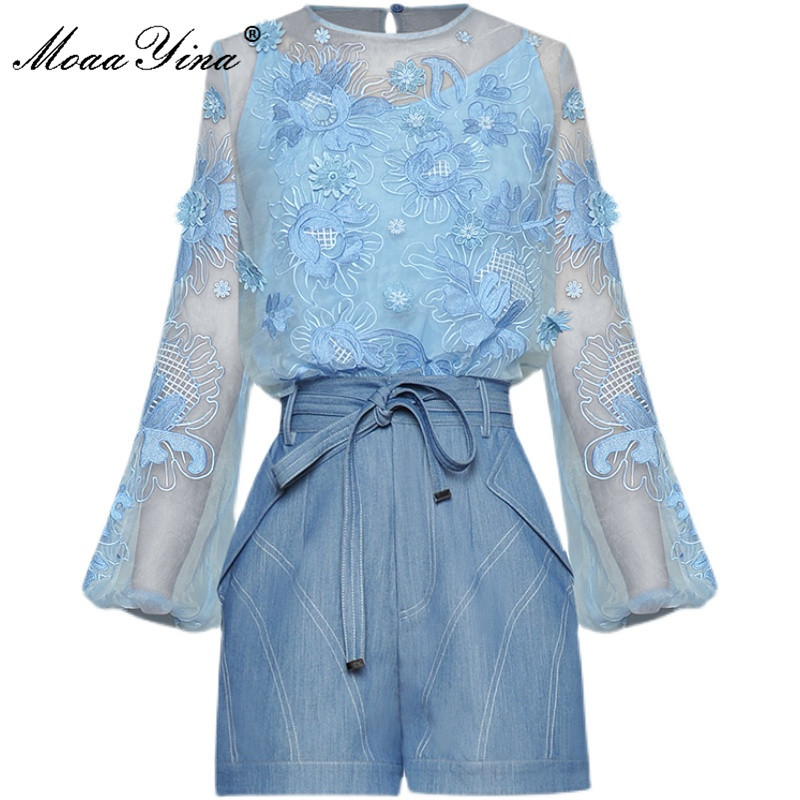 

Fashion Designer Summer Shorts Suit Women O-neck Organza Embroidered Tops and Blue Denim Two Pieces Set 210524
