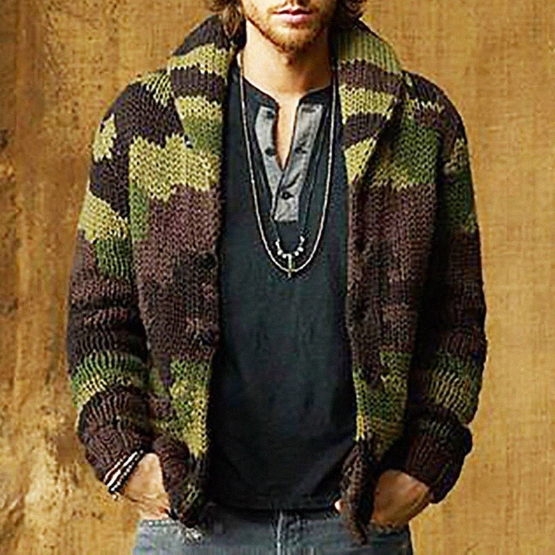 Men's Unisex Cardigan Knitted Camouflage Stylish Vintage Style Long Sleeve Sweater Cardigans V Neck Fall Winter Army Green B1NQ#