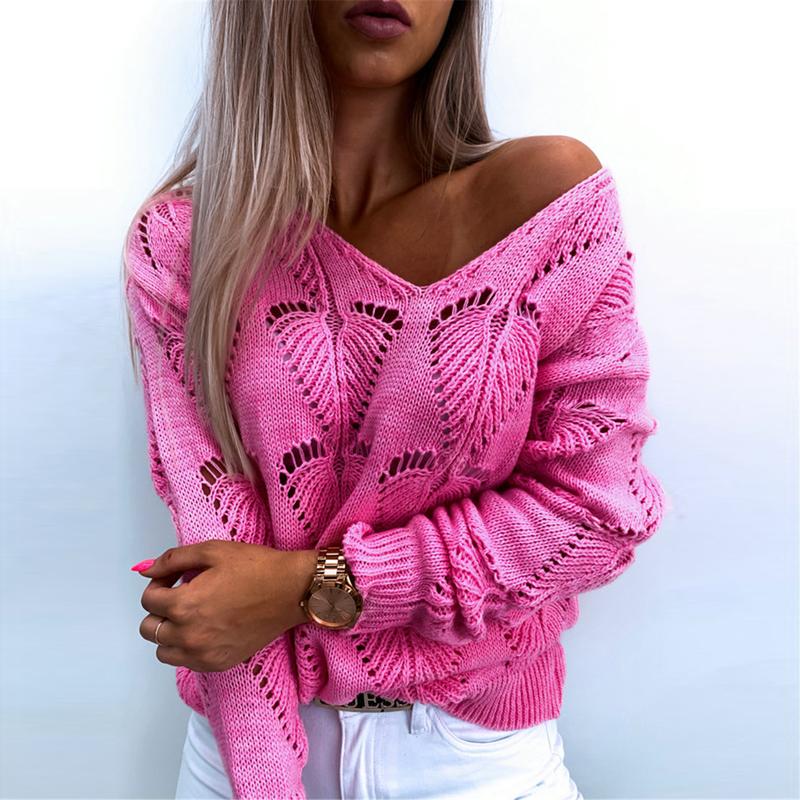 

Women' Sweaters 2021 Autumn Winter Women Knitted Sweater Sexy Off Shoulder V Neck Long Sleeve Tops Elegant Ladies Hollow Out Pullovers Knit, Black