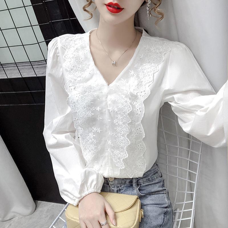

Women' Blouses & Shirts Women Blouse Lace White V-Collar Spring Autumn Long Sleeve Top Ropa De Mujer