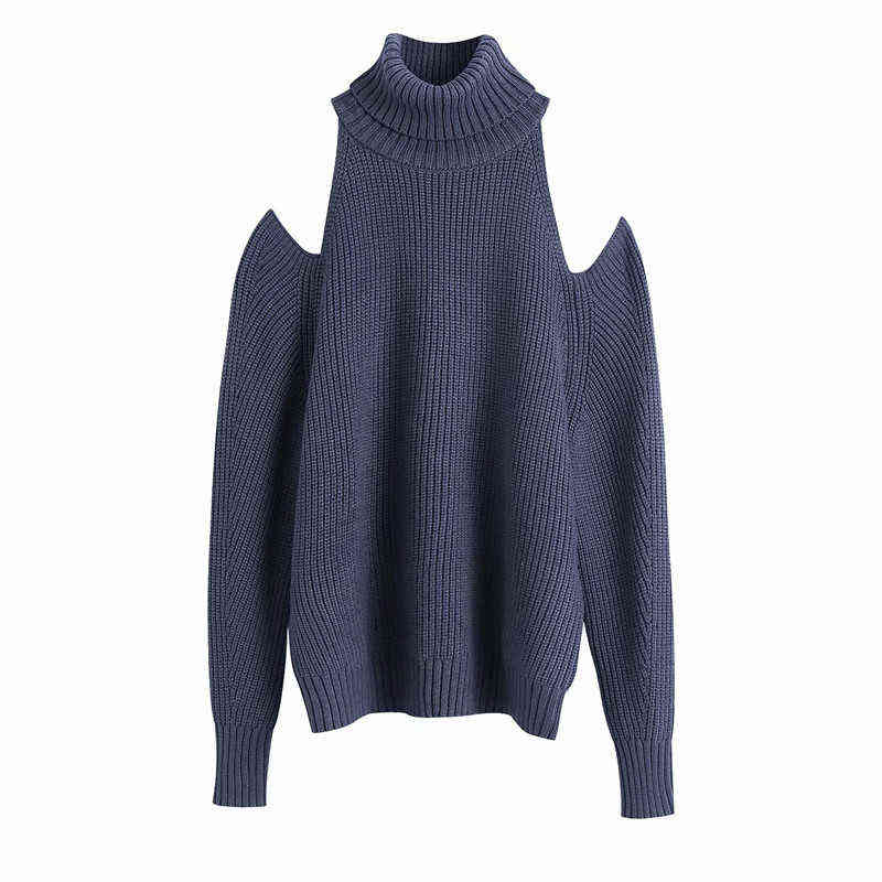 

Evfer Autumn Fashion Lady Off Shoulder Za Blue Knitted Turtleneck Pullover Tops Women Casual Long Sleeve Black Long Sweater Chic Y1110