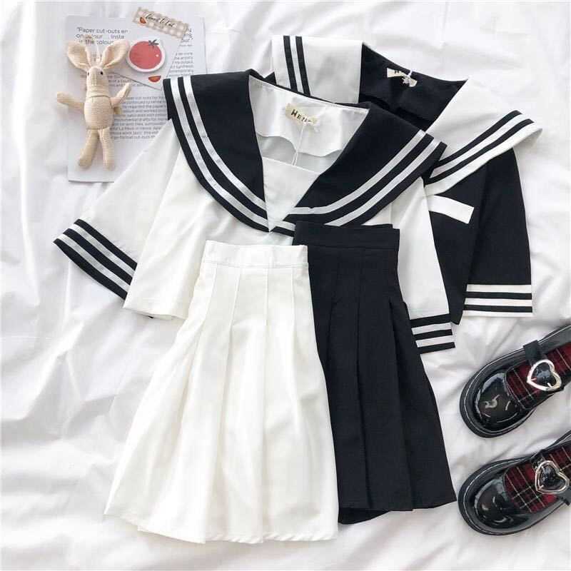 

Japanese JK women two-piece suit Ulzzang fashion casual Gothic high waist skirt uniform set Y2K Harajuku ins clothing 210608, White
