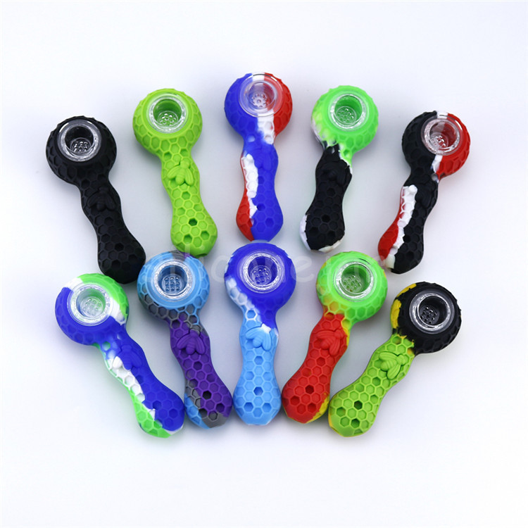 

wholesale mini silicone smoking hand pipes with glass bowl dabber tools silicon oil burner pipe nectar collector kit