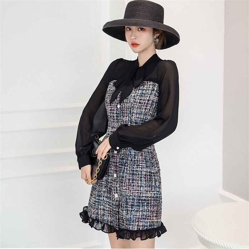 

Autumn Chiffon Long Sleeve Patchwork Tweed Woolen Ruffles Dress Women Bow Collar Plaid Single Breasted Mini 210520, Photo color