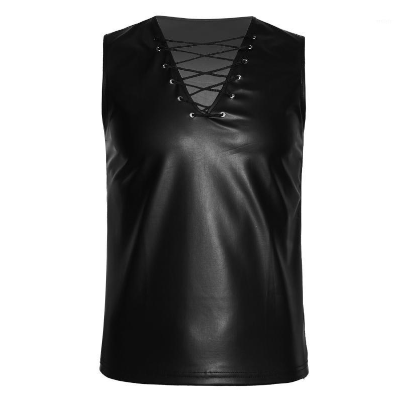 

Men Male Faux Leather Lace-up T-shirt Sleeveless Sexy Vest Crop Top Exotic Tanks Rave Clothes For Party Stage Performance Bras Sets, Black