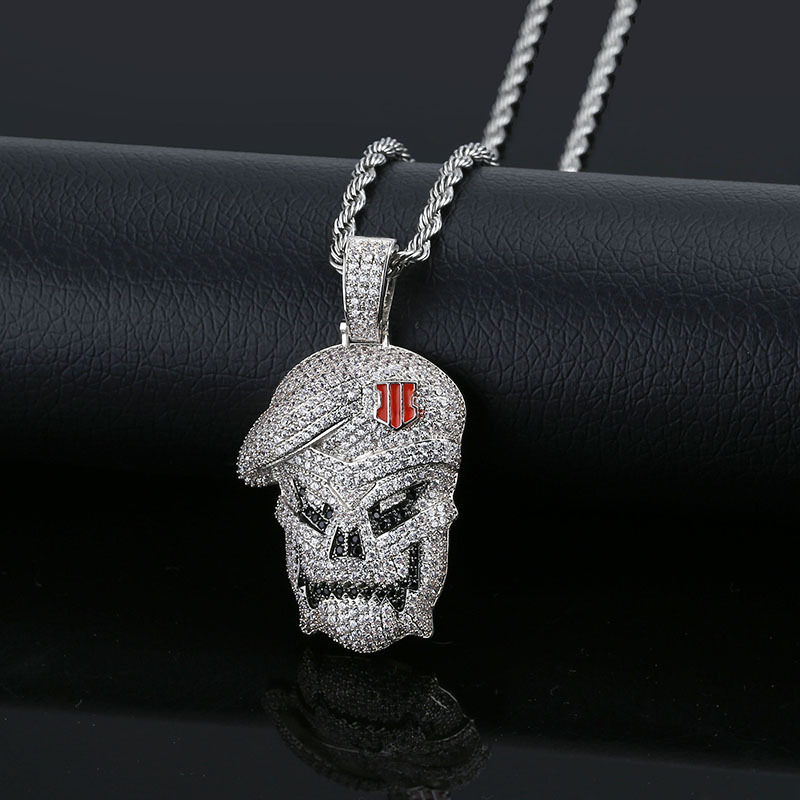 

necklace ins personalized skull hip hop street pendant with zircon men's trendy, Silver