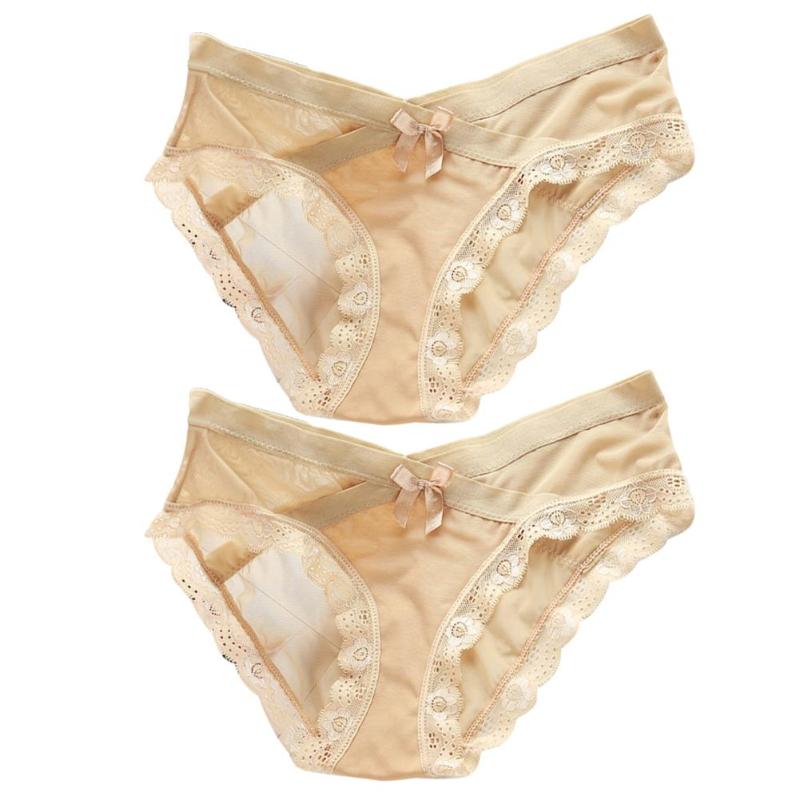 

Women's Panties 2Pcs Women Sexy Solid Color Lace Trim Bow Decor Low Waist Ultrathin Elastic Briefs, Red