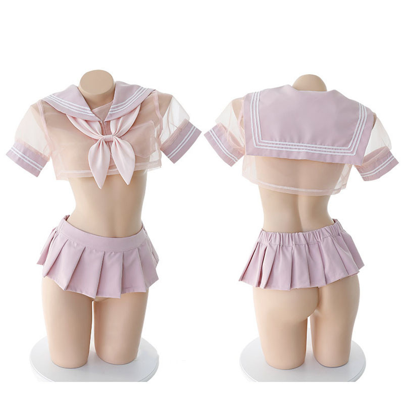

Anime School Girls Cosplay Costume Cute & Sexy Pink Sailor Uniform Dress Mini Skirt Mesh Perspective Lingerie Set Exotic Apparel, Black