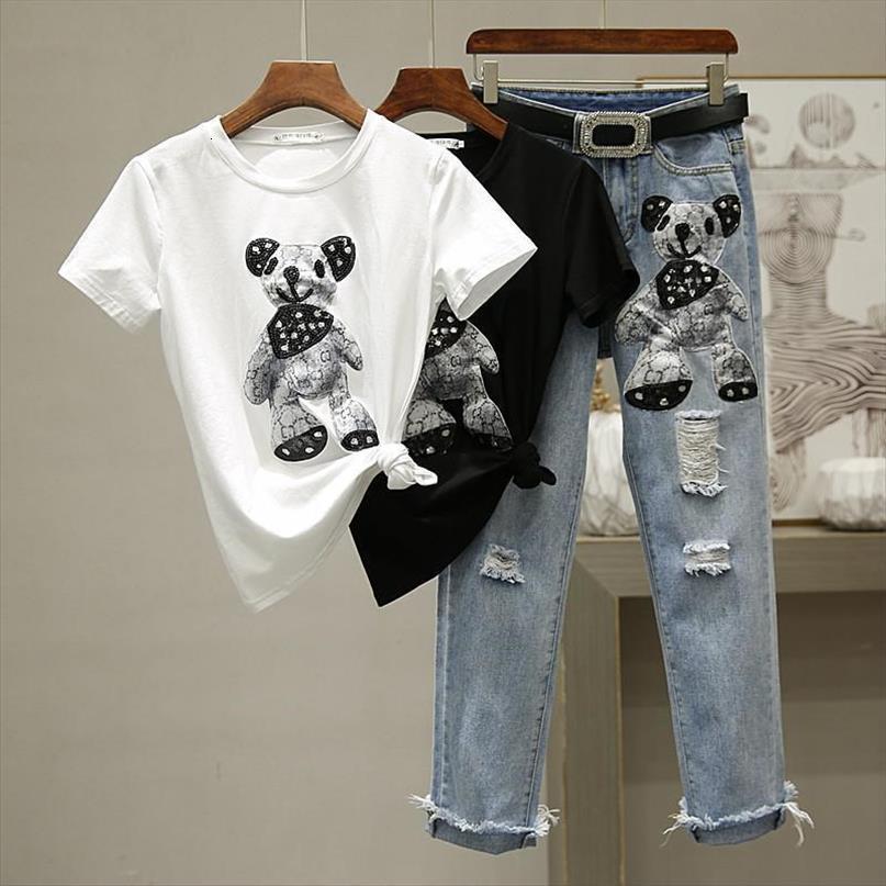 

one piece set sportswear ropa womenpant mouji two embroidered t shirt ripped jeans crop road moody, White