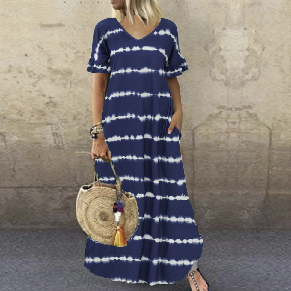 

2021bohemian dress s-5xl big size summer casual short sleeve stripe printed dress women loose pockets maxi long dress lady vestidos, Black;gray