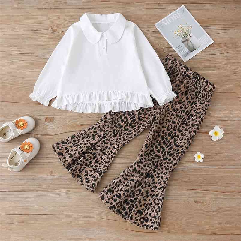 

Winter Children Sets Long Sleeve Turn-down Collar White T-Shirt Leopard Flare Pant Cute 2Pcs Girls Boys Clothes 18M-6T 210629