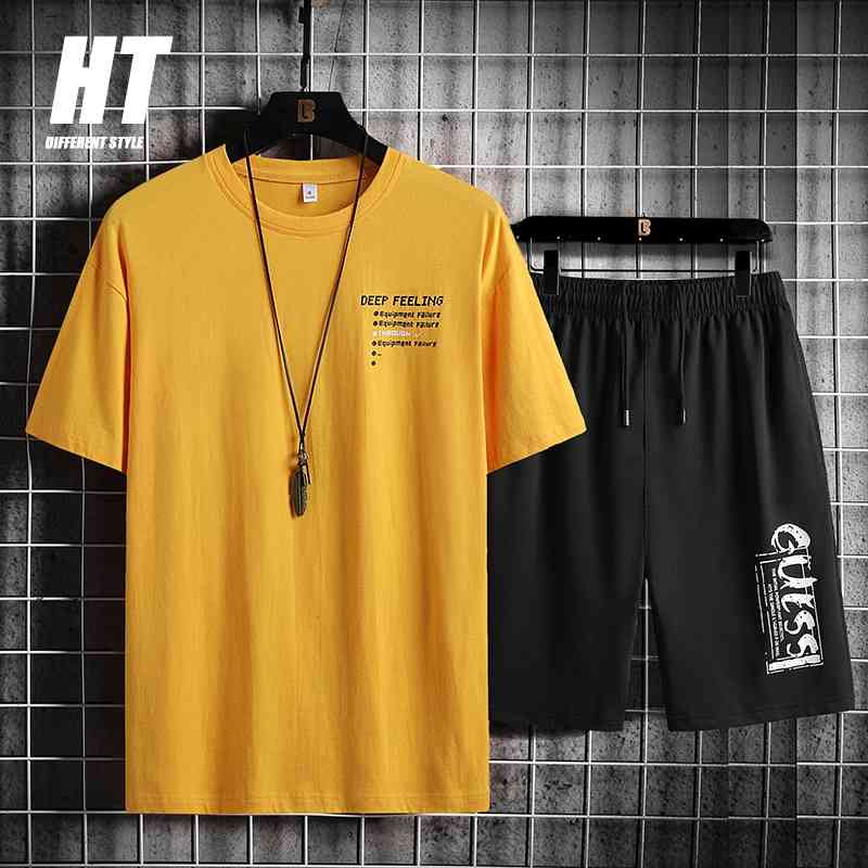 

Men Tracksuit 2 Pieces Print Male Clothing Sportswear Set T Shirt+Casual Shorts 2PC Summer Short Sleeve Suit for Men 5XL 210603, Csh20202yellow