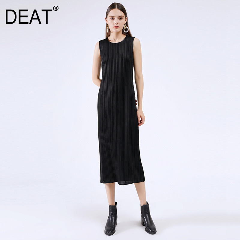 

DEAT Pleated Woman Dress Solid Mid Calf Length Sleeveless Halter Undefined Thin Elegant Casual New Summer Fashion XQ119 210429, Black