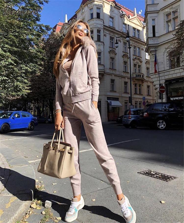 

Women's Tracksuits Faux Fur Collar Hooded Knit Suit 2021 Women Autumn Winter Long Sleeves Knitted Tracksuit Casual Pant Set 2 Piece, Khaki
