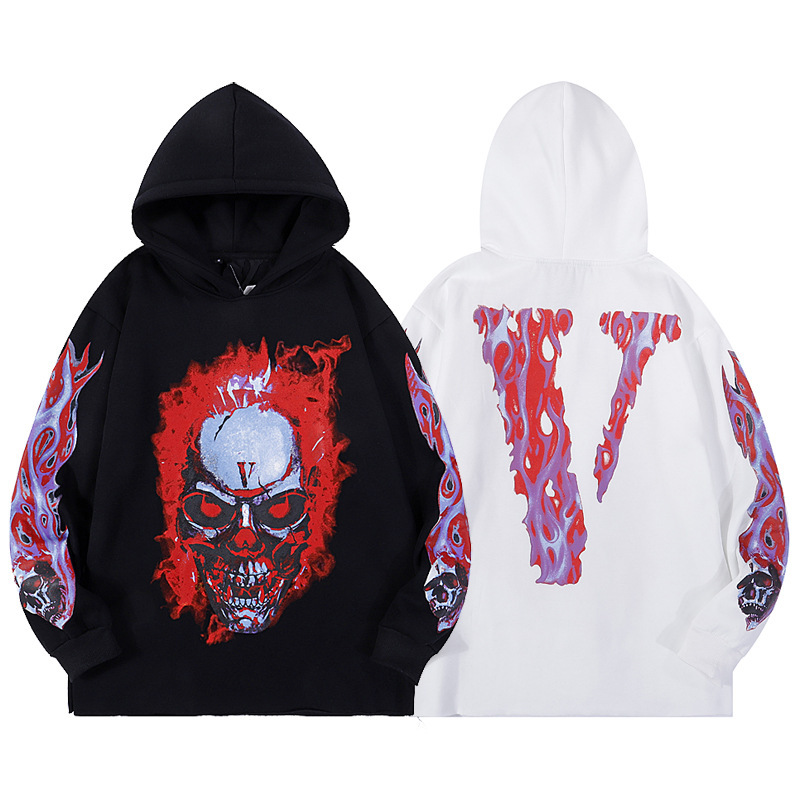 

european and american fashion brand new velvet hoodie sweatshirts lining hip hop skull flame big v print ins trend men's and women', Black