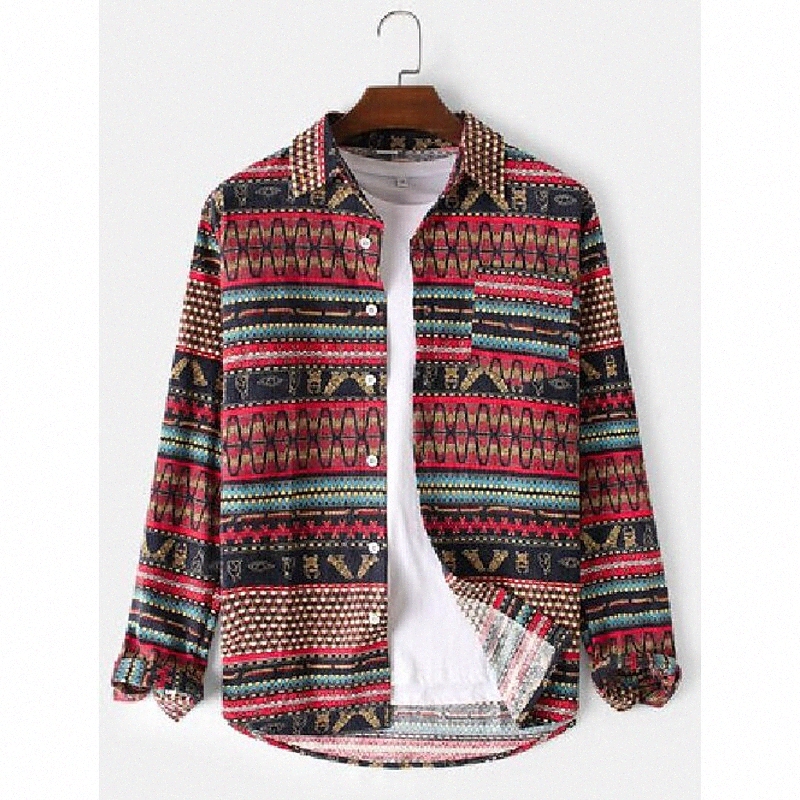 corduroy mens bohemia ethnic style print chest pocket lapel collar vintage long sleeve shirts U0Gl#