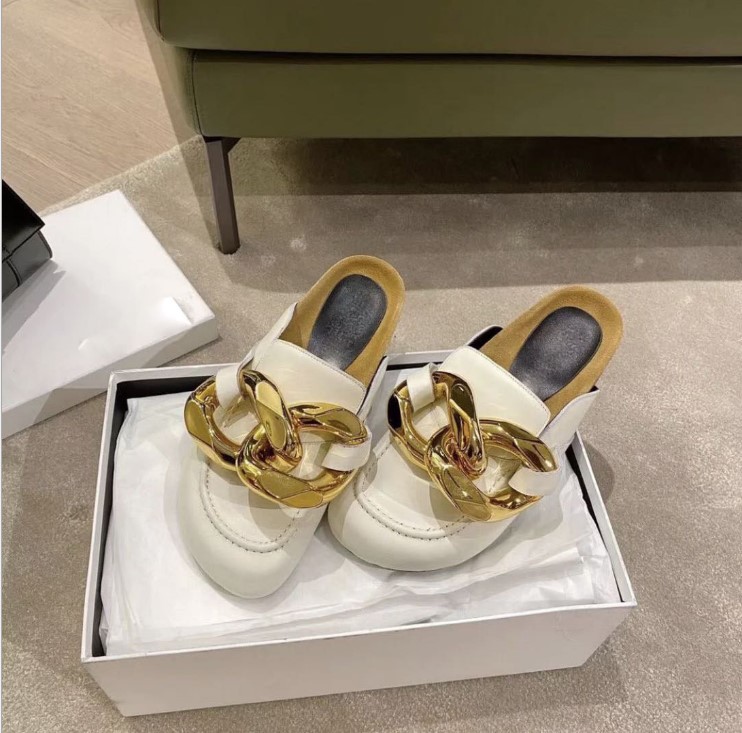 

Spring Women Flat Mules Shoes Fashion Brand Gold Chain Ladies Slipper Slip On Round Toe Luxury Slides Shoes, Black