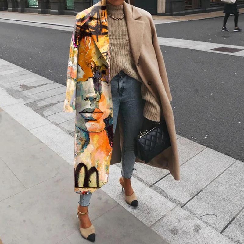 Women's Wool Abstract Pattern Printed Midi Overcoat Long Sleeve Lapel Collar Oversize Coat Elegant Fashion Female Autumn Cardigan Coats-image-746259661
