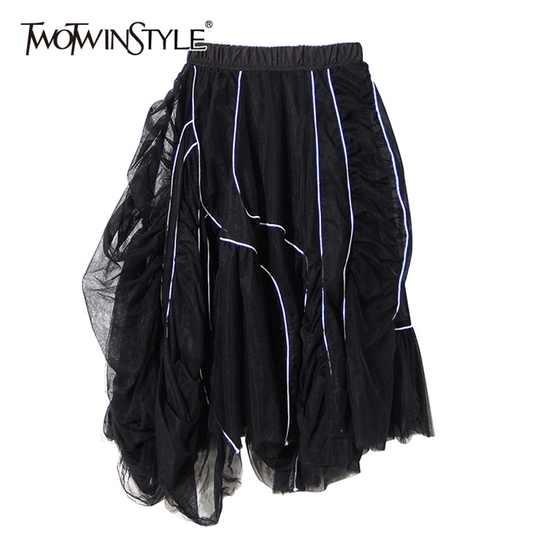 

White Patchwork Ruffle Skirt For Women High Waist Hit Color Irregular Korean Skirts Female Fashion Clothing 210521, Black