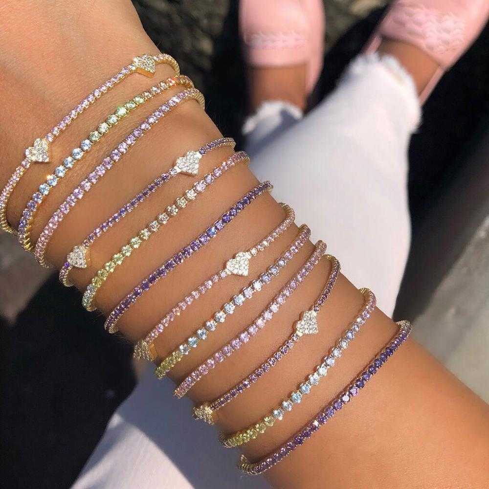 

New Arrived Pastel Color Cz Heart Charm Tennis Chain Bracelet for Women Fashion Rainbow Colorful Valentine's Gift Jewelry Q0720