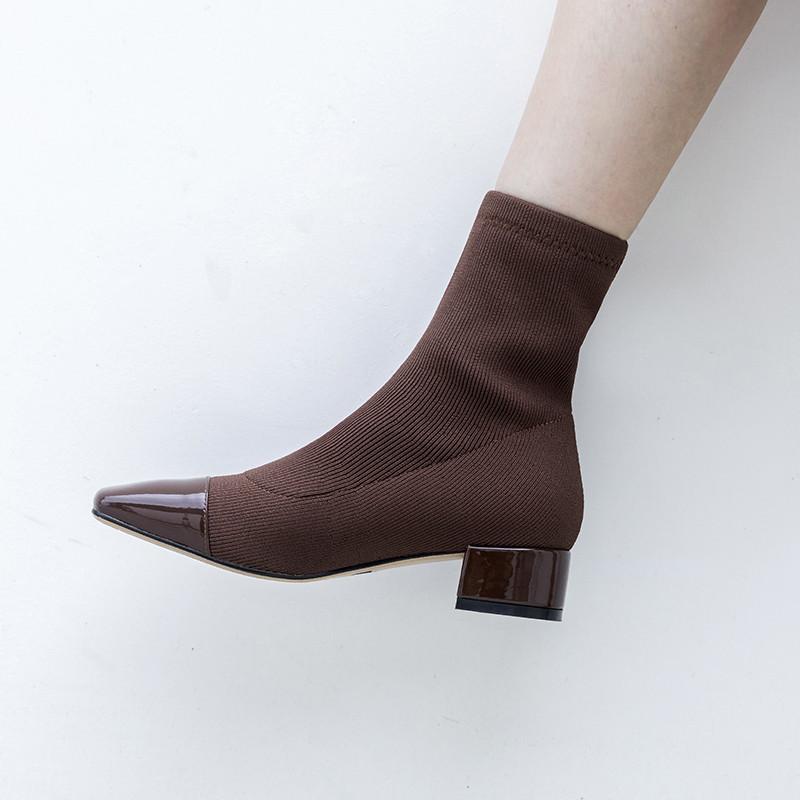 

Boots 2021 Autumn Square Toe Patent Leather Knitting Elastic Stretch Medium Chunky Heels Ankle Short Women Shoes Brown, Black