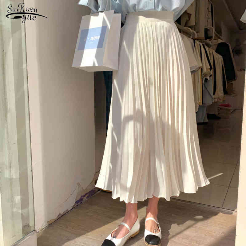 

Spring Casual High Waist Long Skirts for Women Vintage Solid Pleated Skirt Fashion Female Faldas 13640 210521, White