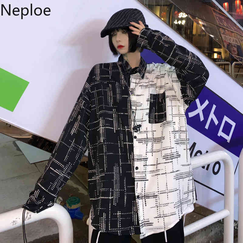 Neploe Blouses Women Vintage Patchwork Contrast Color Plaid Shirts Harajuku BF Blouse Loose Chic Tops Blusas Mujer De Moda 210422