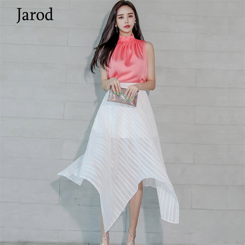 

Summer 2 Piece Set Women Sleeveless Pink Stand collar Chiffon Blouse+High Waist white irregular chiffon Skirt Dress 210519, Picture color