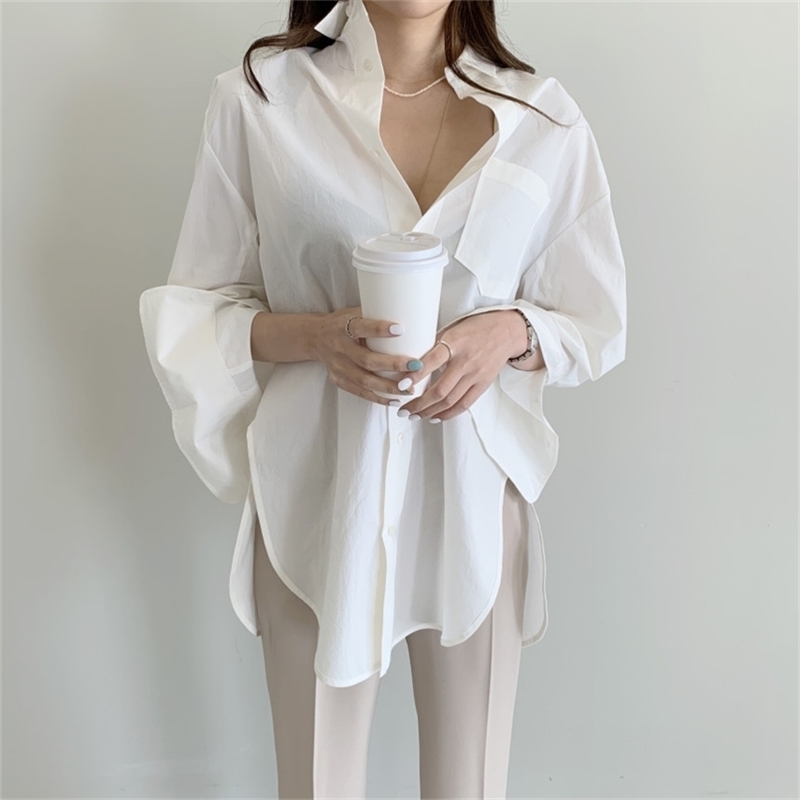 

Women Light Green Flare Sleeve Blouse Turndown Collar Long Shirt Femme Top High Waist Dress Shirts 210603, Picture color