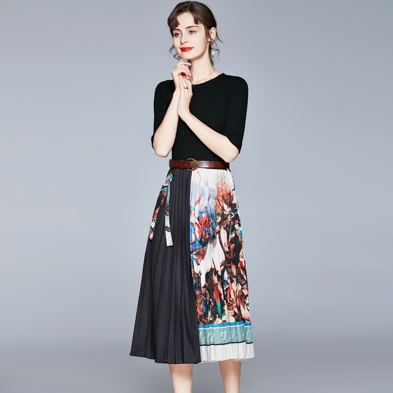 

Elegant Knitted Patchwork Pleated Midi Dress Spring Summer Fashion Women Long Sleeve Ethnic Retro Printing 210603, Black