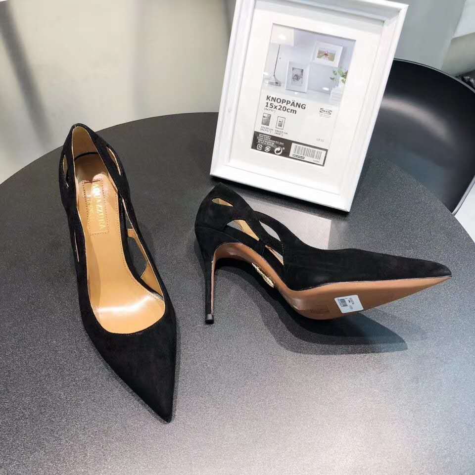 

New Season Aquazzura Forever Pumps Suede Leather Forever Pumps Pointed Toe Cut Out Detail High Stiletto, Black