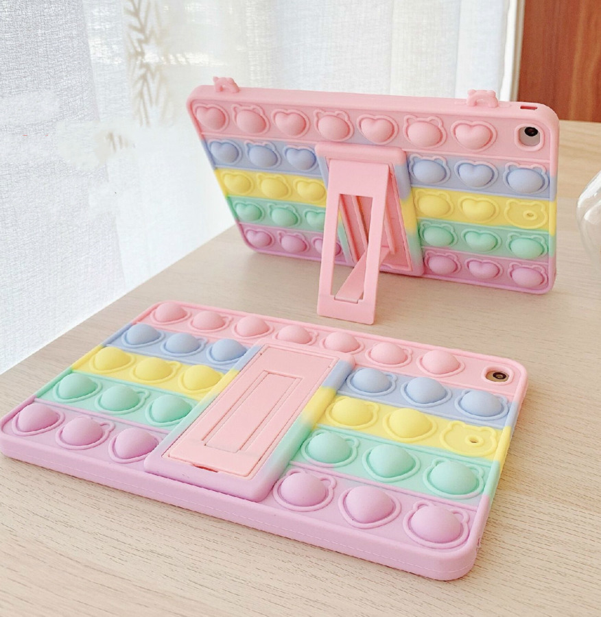 

Silicone Case Pop It Fidget Kids Tablet Covers For IPad Pro 12.9 10.9 10.2 11 2021 Air 4 With Holder Protective Case Rainbow Tablet Computer Bracket Cartoon Full Cover A001