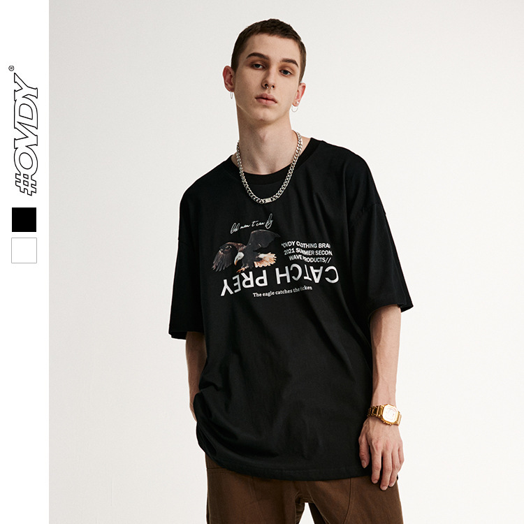 

wxwovdy 2021 spring and summer new fashion brand personality eagle reversed english print loose short sve t-shirt for men, White;black