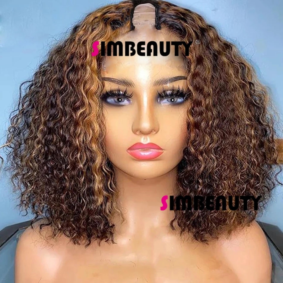 

Highlights Blonde U Part Wigs Middle Open Ombre Bouncy Curly 100% Human Hair Wig Peruvian Kinky Curl V Shape Full Machine Made, As picture color