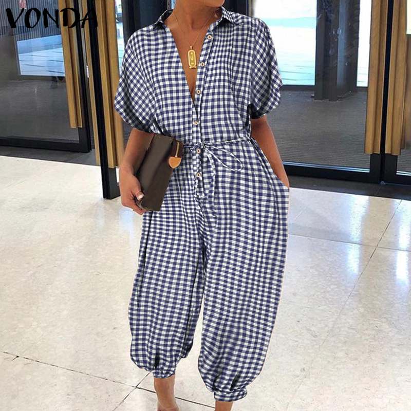 

2021vonda 2021 summer rompers loose short sleeve plaid check casual jumpsuits femme turn down neck short sleeve overalls, Black;white