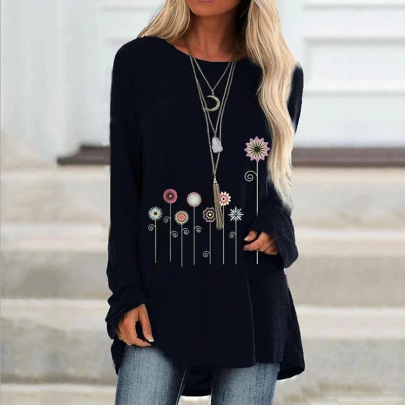 

New Autumn Floral Print Loose Tshirts Women Long Sleeve Casual T Shirts Plus Size -5XL Female Shirts 2021 Women Clothes Tops, 8910 black