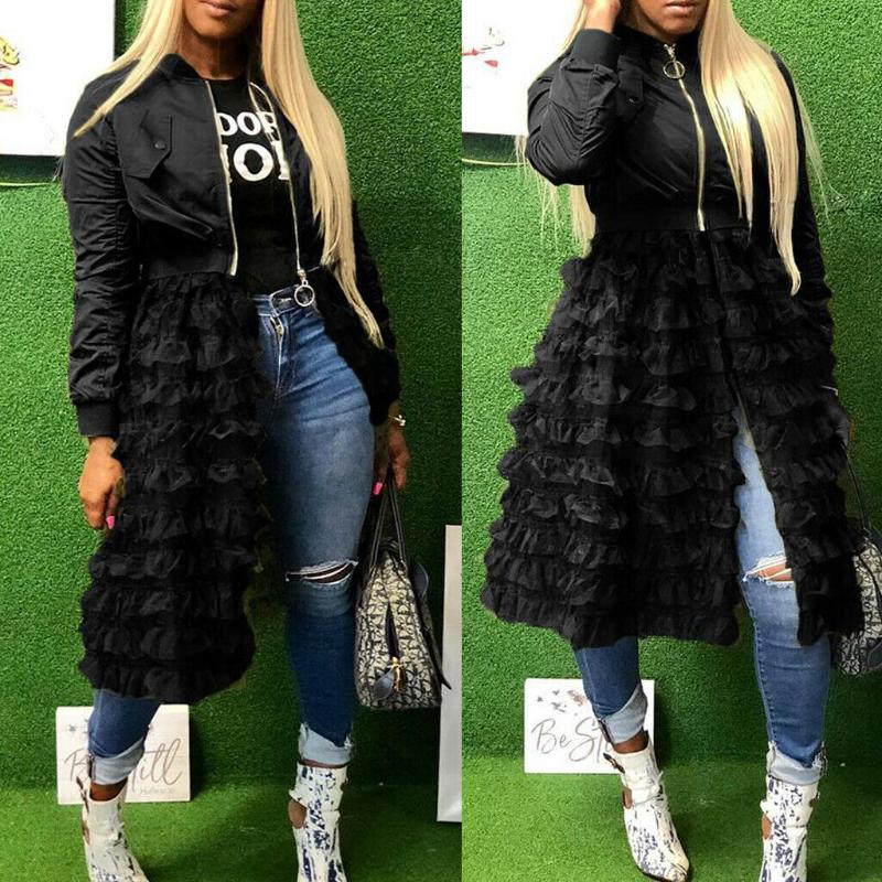 

Women's Trench Coats Autumn Fashion Women Lady Mesh Lace Splice Long Sleeve Zipper Frill Tulle Tutu Jacket Casual Outerwear, Tan;black