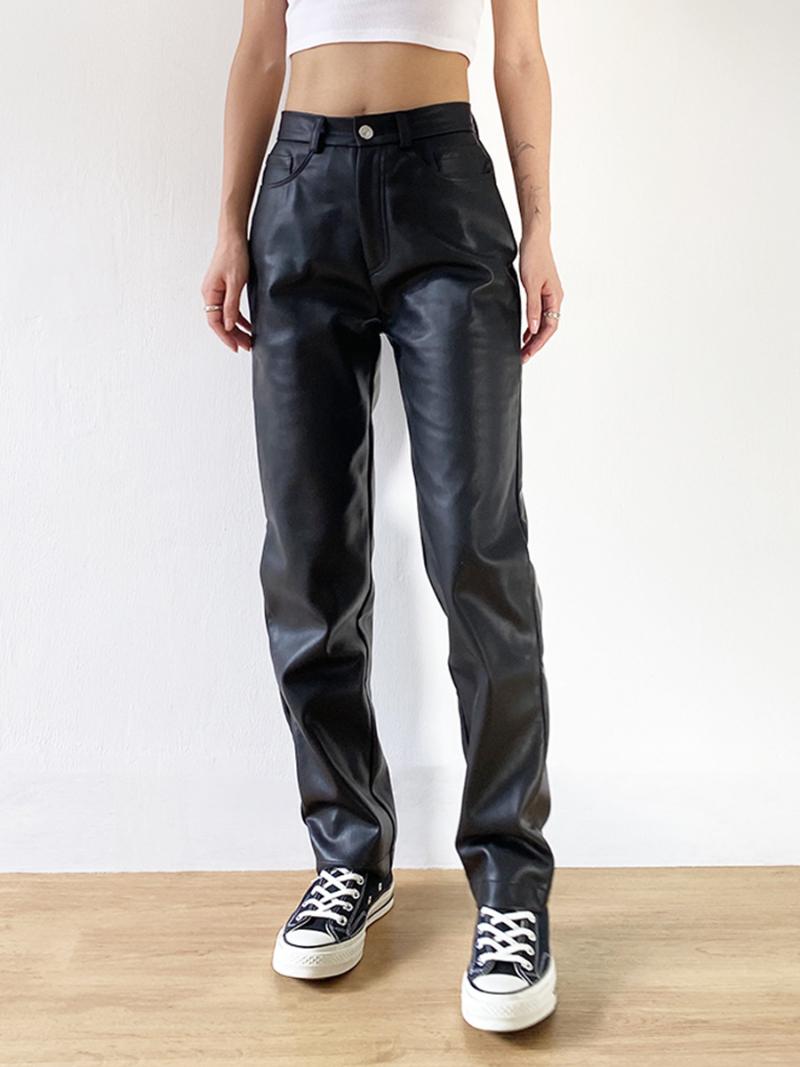 

Cargo Pants Women Black Faux Leather High Waist Pockets Fashion Sexy Straight Trousers Streetwear Women' & Capris