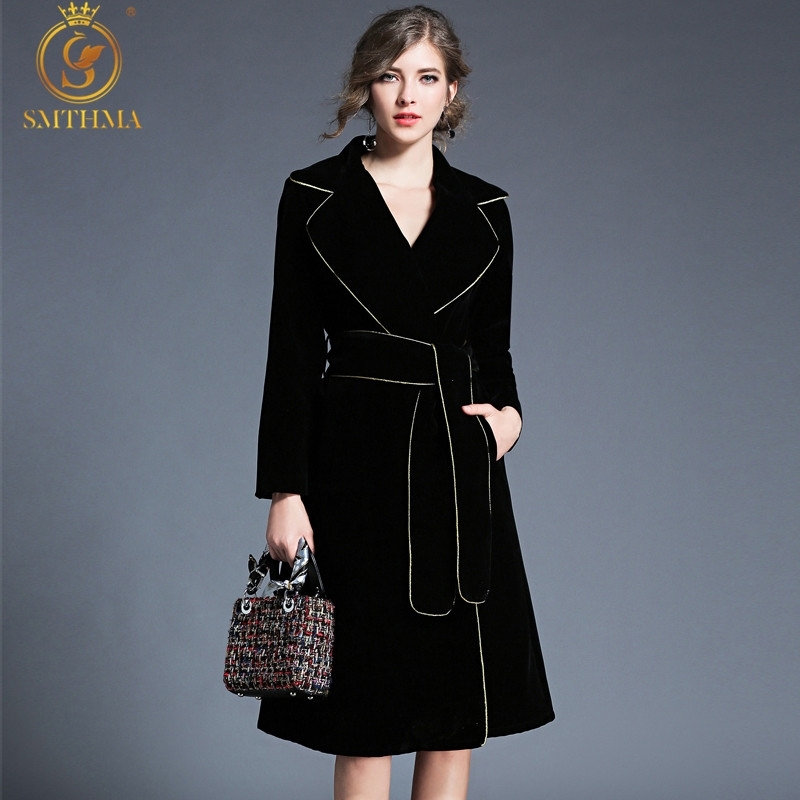 

High Quality Runway Women's Gold Trim Notched Winter Dress Women Long Sleeve Black Velvet Vestidos 210520, Photo color