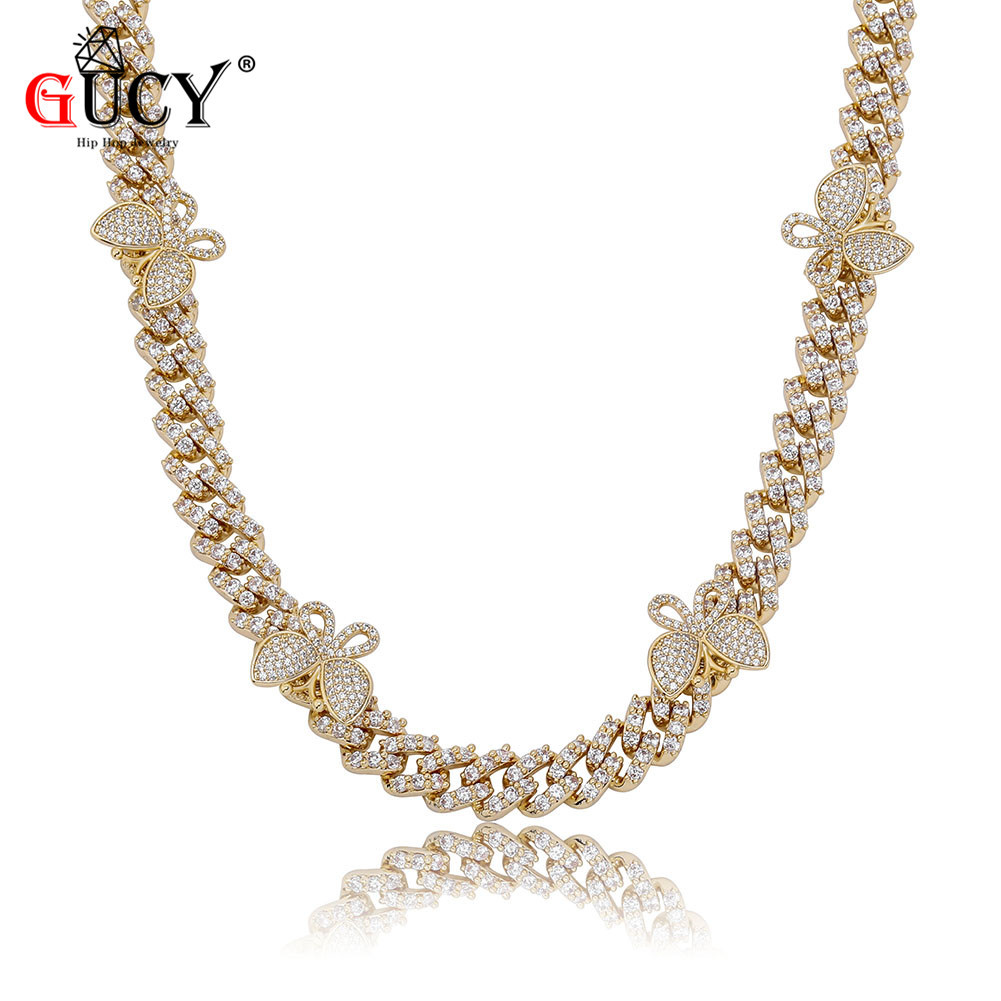 

GUCY 8mm Miami Cuban Link Necklace With Butterfly Women Jewelry AAAA Zircon Charm Men's Hip Hop Chain X0509