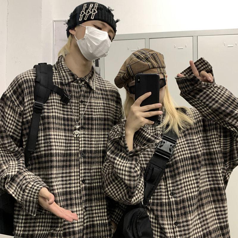 

Casual Shirts Spring Autumn Plaid Korean Fashion Loose Thick Woolen Shirt Men's Harajuku Streetwear Couple Long-sleeved Men, Brown check