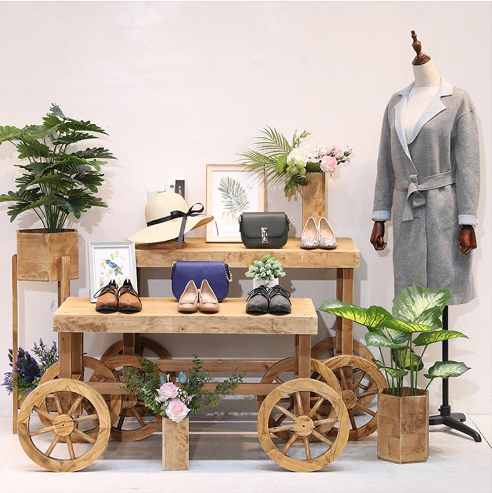 Flower shop rack clothing store display racks solid wood landing middle island high and low water platform combined with retro package stand-image-713683061