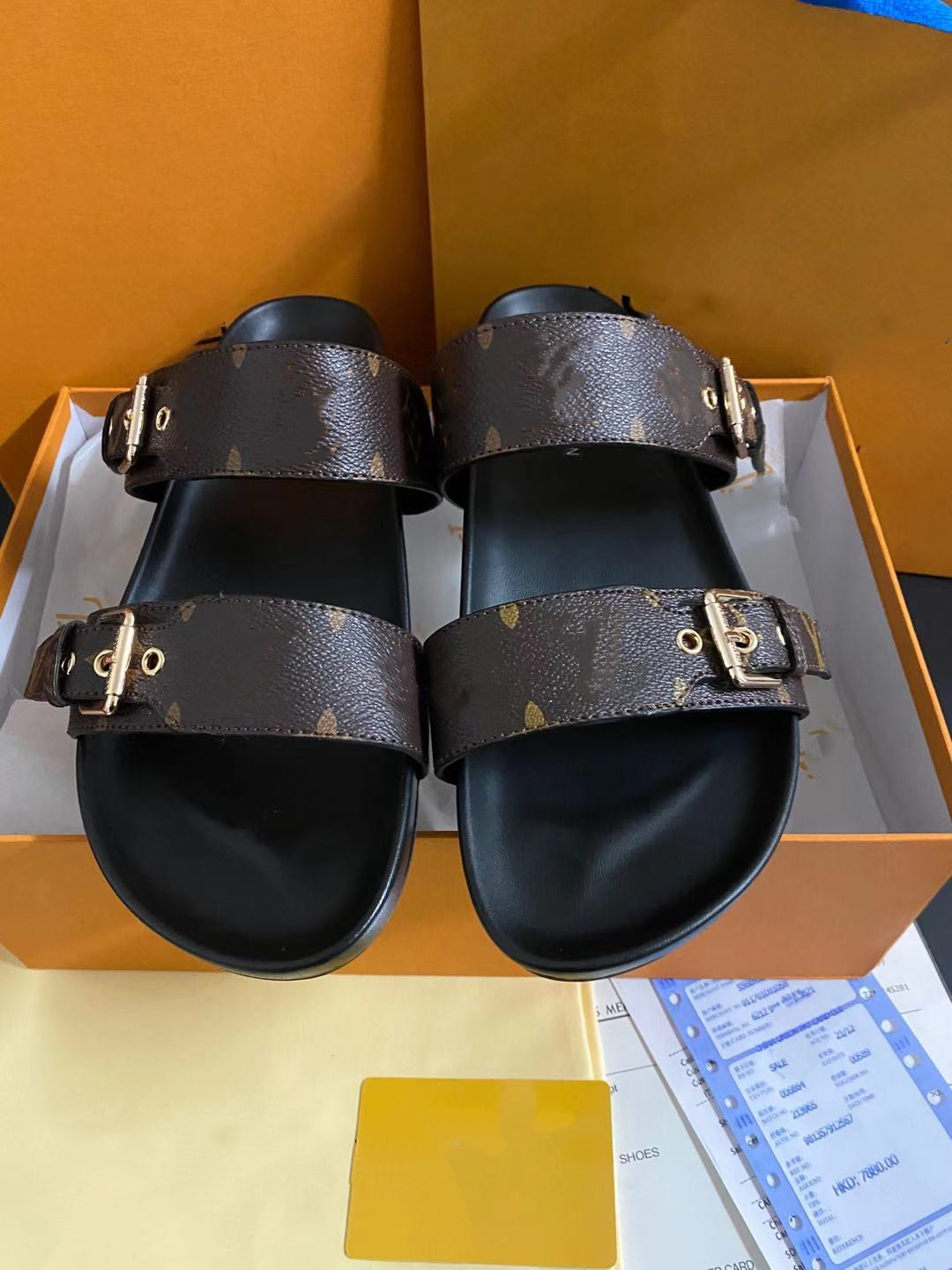 

With Box 2021Top Quality Mens Womens Sandals Slide Summer Fashion Wide Flat Slippers Indoor Flip Flop Size EUR36-46, Black