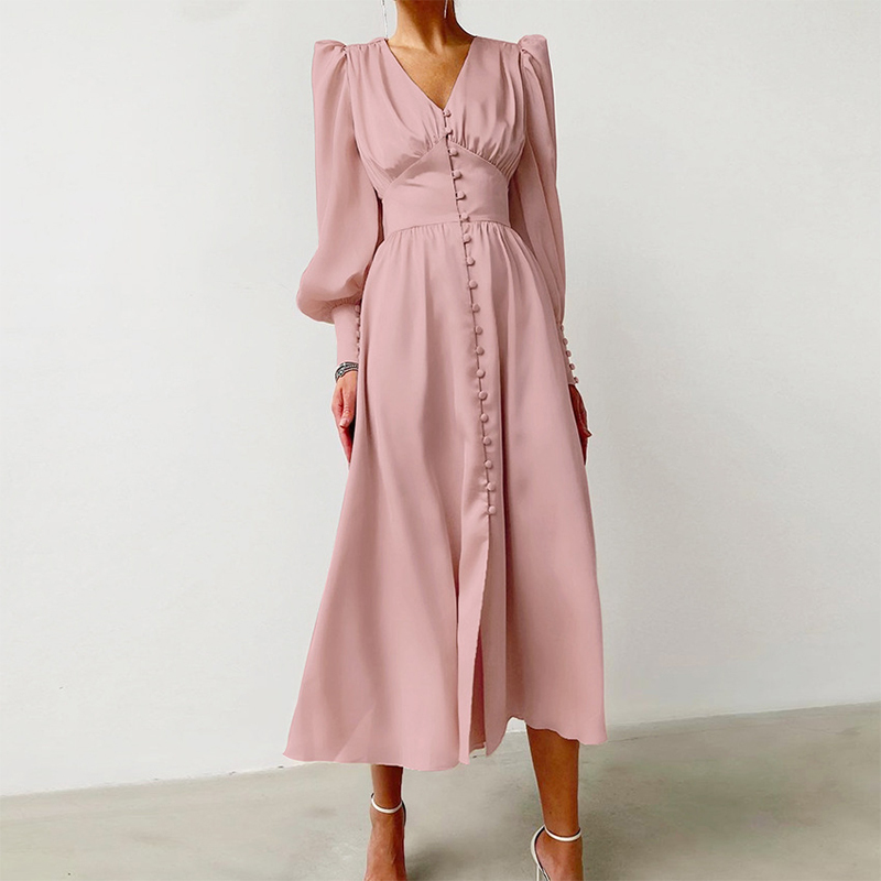 

Paris Girl Lantern Sleeve Dress Women Autumn Satin V-Neck Single Breasted Female Long Dresses High Waist Elegant Ladies Vestidos 210524, Pink