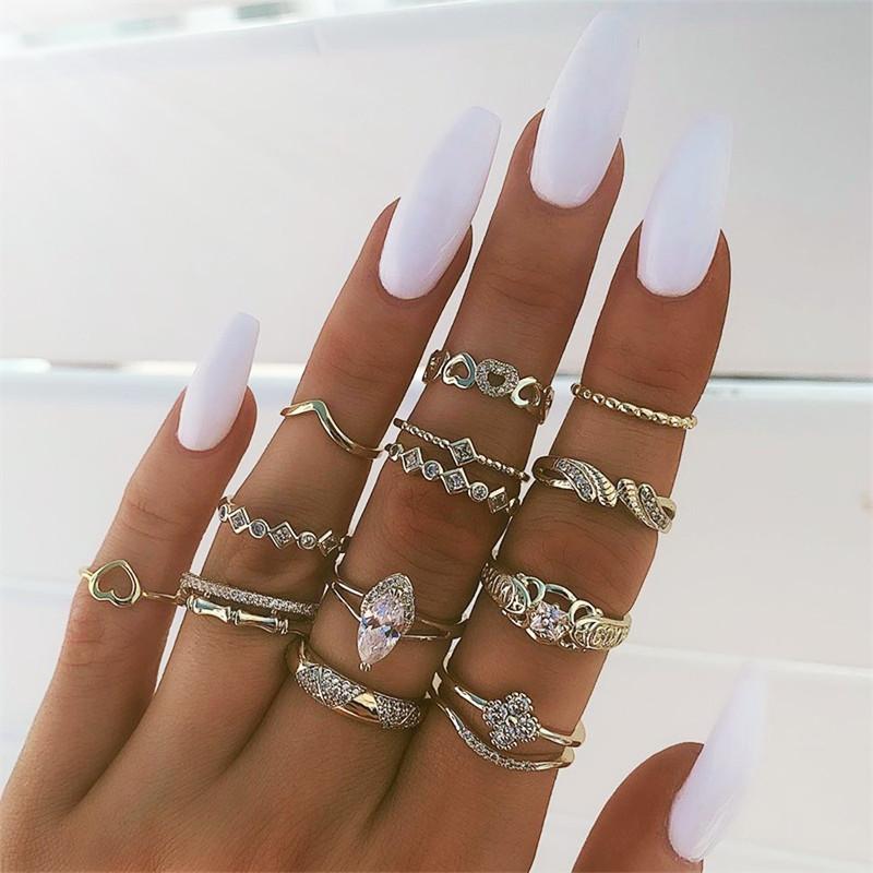 

Cluster Rings 13Pcs/Set Vintage Gold Crystal Hollow Heart For Women Flower Crown Boho Charm Fashion Jewelry
