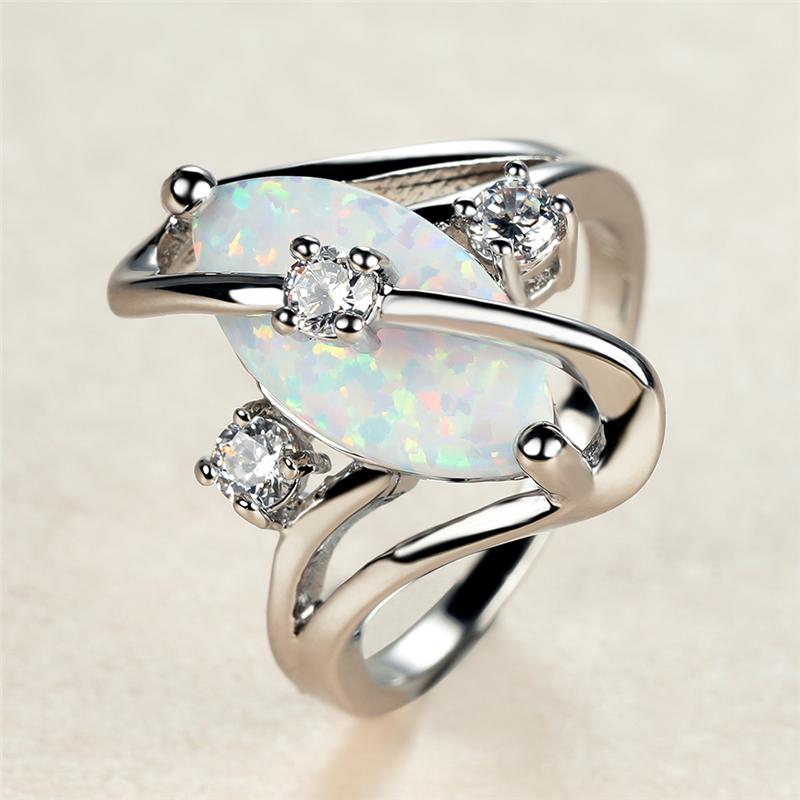 Wedding Rings Trendy Female White Leaf Opal Ring Minimalist Silver Color For Women Classic Zircon Stone Engagement-image-705132702