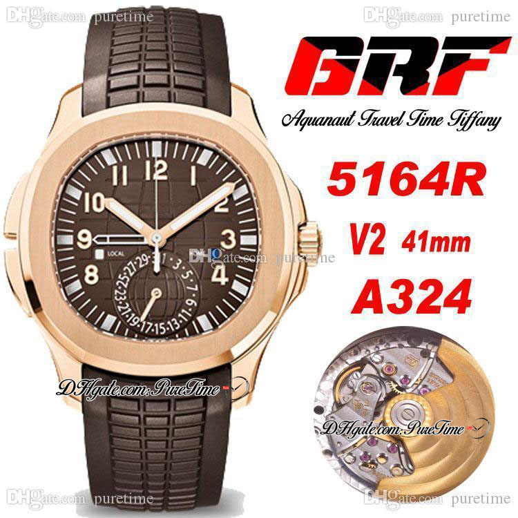

GRF V2 Travel Time 5164R GMT PP324CS A3234 Automatic Mens Watch Rose Gold Brown Textured Dial Stick Number Marker Rubber Strap Watches Super Edition Puretime C3, Customized waterproof service