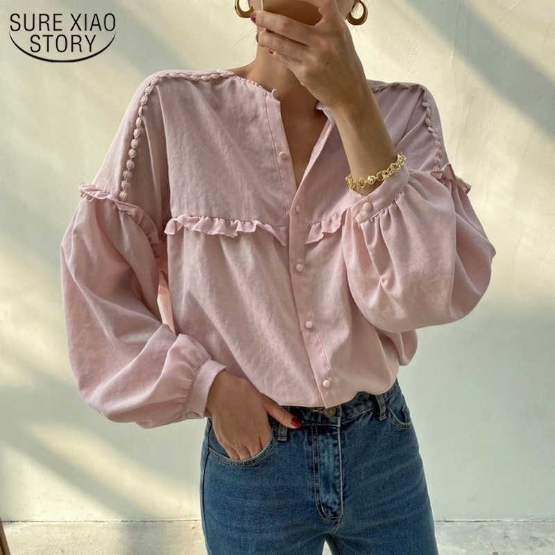 

Sweet Gentle White Blouse Long Sleeve Shirt Women Blouses Korean Tops Office Loose Solid Ruffled Stylish Shirts 11269 210527, Light pink